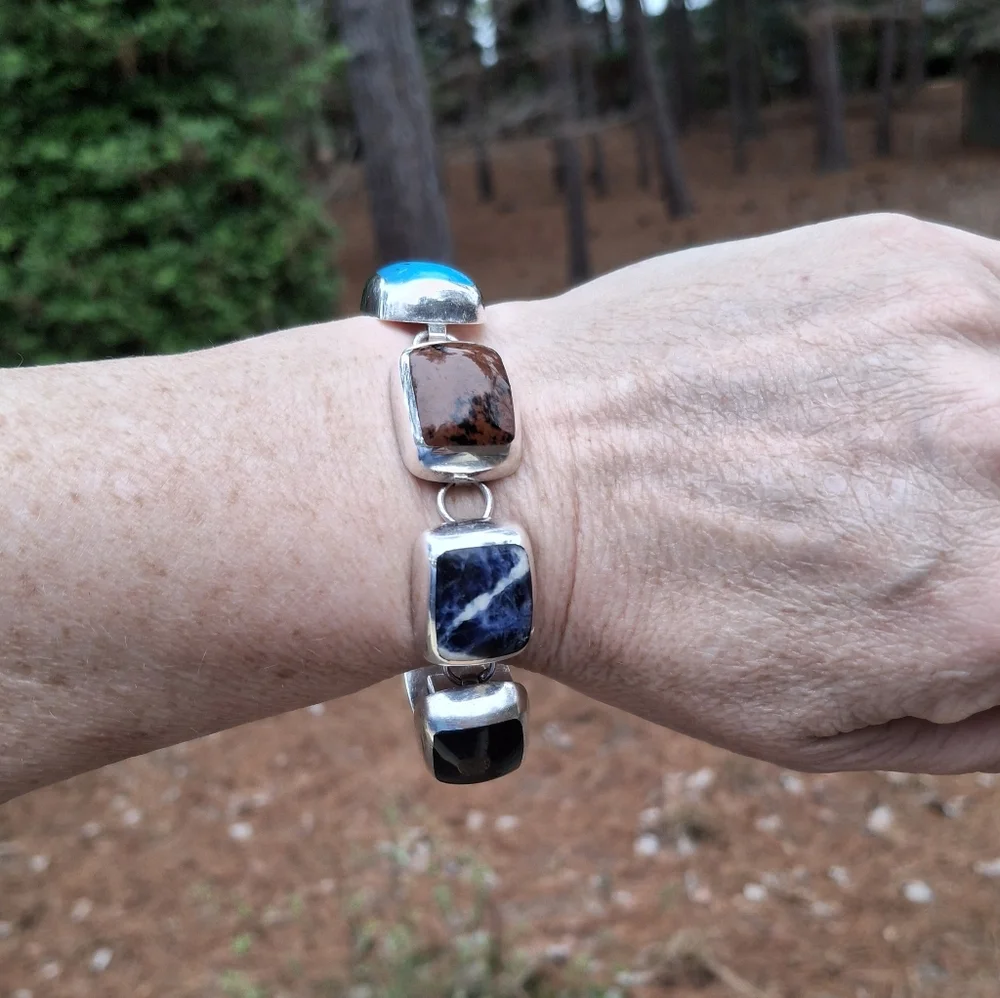 VTG Taxco Mexico Sterling Silver Multi-Gemstone Link Bracelet Turquoise T2-17